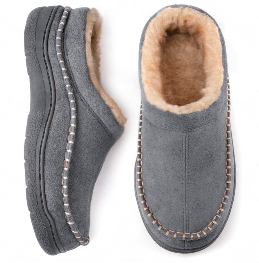 Gray fleece-lined moccasin slippers shown from the top and side with soft faux fur lining