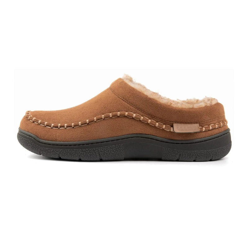 Brown fleece-lined moccasin slippers with a cushioned footbed, stitched detailing, and indoor-outdoor sole
