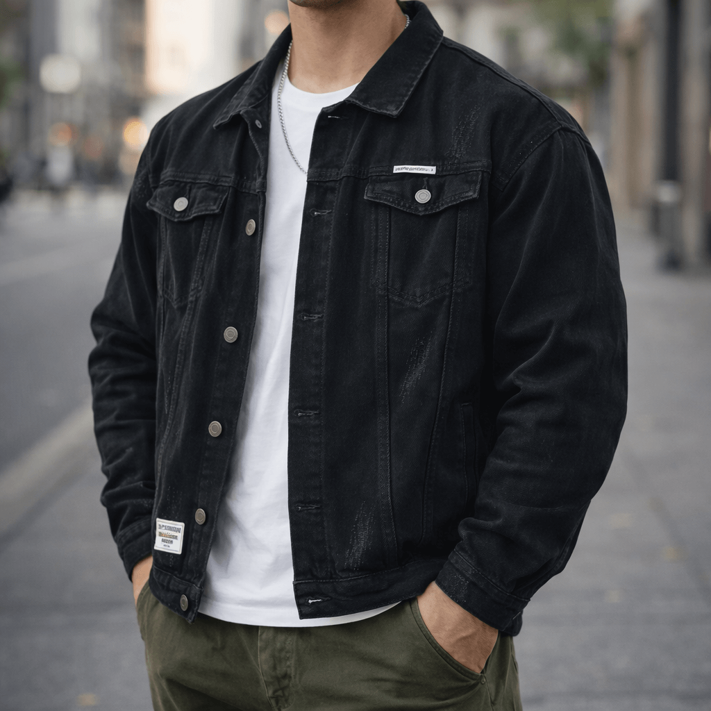 Man wearing a black denim trucker jacket with a button-front closure, chest flap pockets, and a regular fit over a white T-shirt.