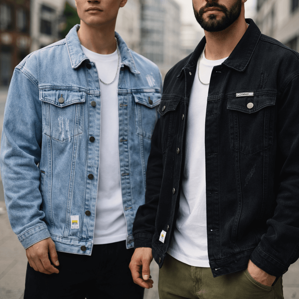 Two men wearing light wash and black denim trucker jackets featuring button-front closures, chest flap pockets, and classic collars.