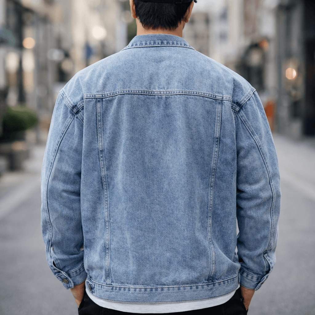 Back view of a men's light wash denim trucker jacket with a regular-fit silhouette, classic yoke, and long sleeves.