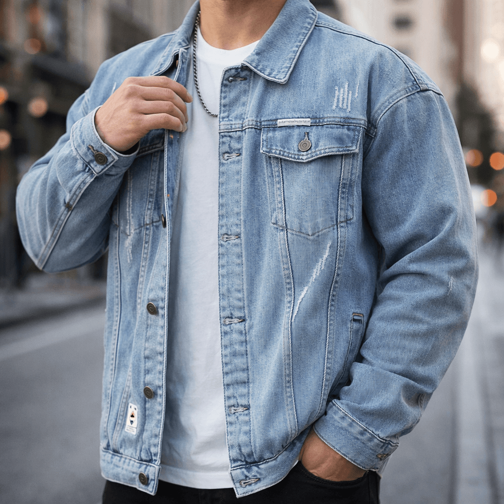 Man wearing a light wash denim trucker jacket with a button-front closure, chest flap pockets, and a classic collar over a white T-shirt.