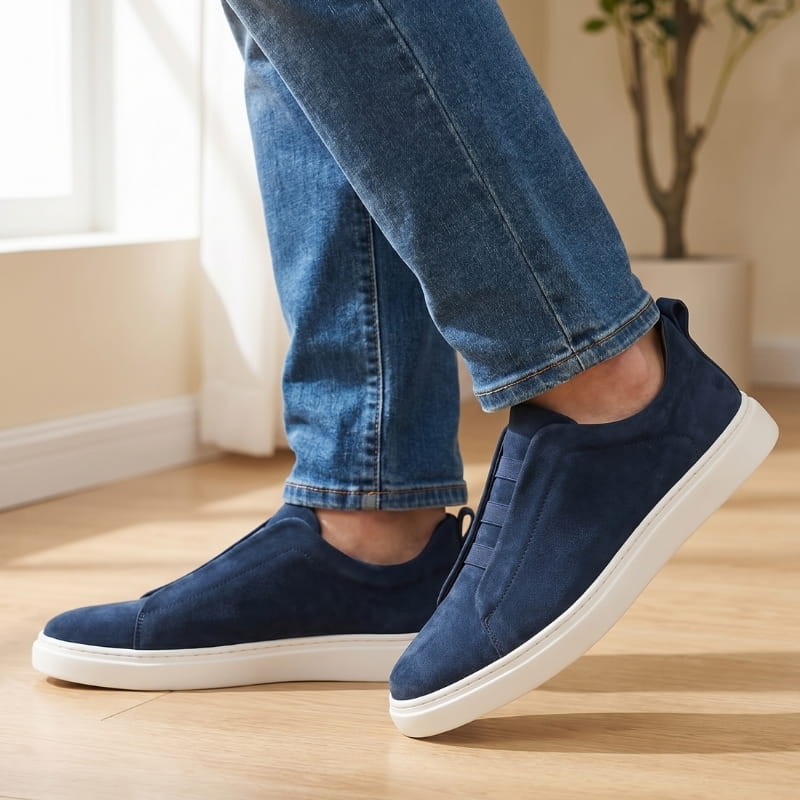 Person wearing navy blue suede slip-on sneakers with jeans, walking on a wood floor near a window and potted plant
