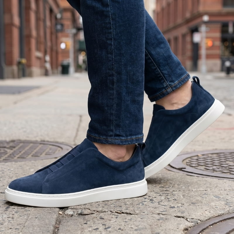 Person wearing navy blue suede slip-on sneakers with jeans, walking on a city street