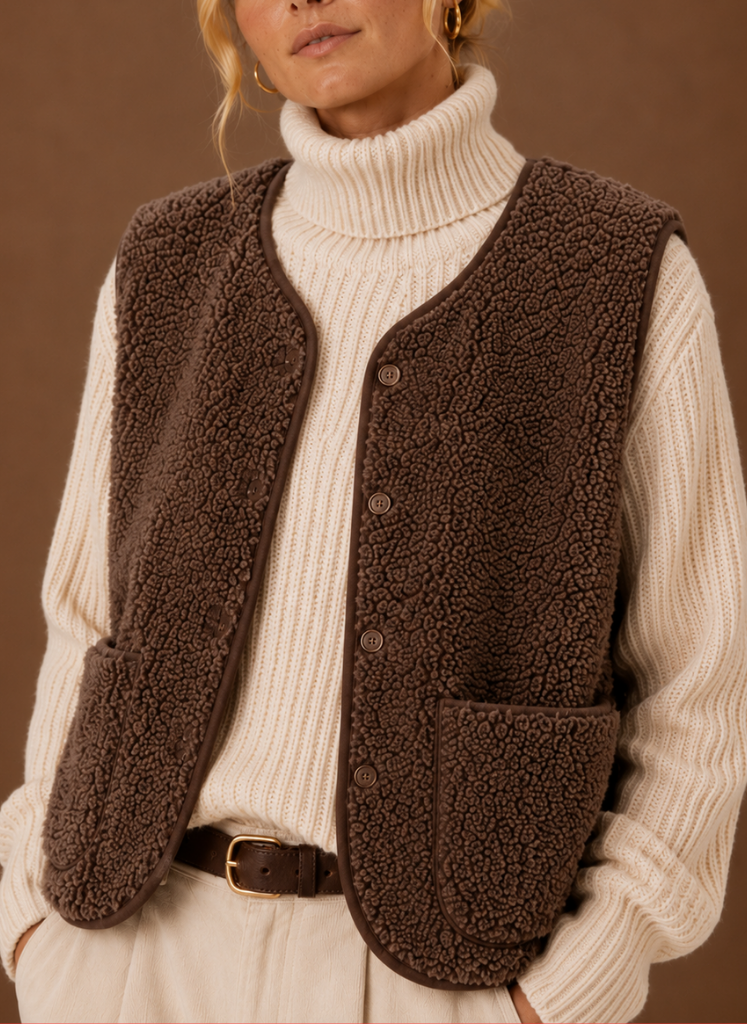 Three-quarter view of a woman wearing a brown fleece sweater vest with front patch pockets over a cream turtleneck sweater.