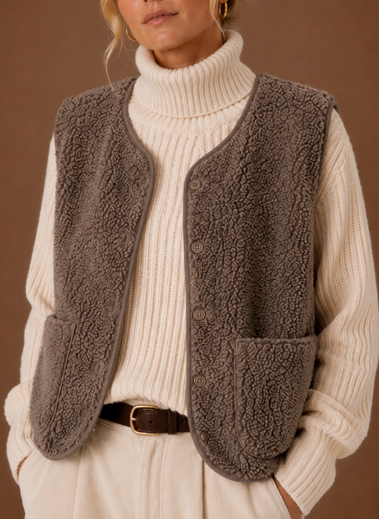 Woman wearing a brown fleece sweater vest with front patch pockets over a cream turtleneck sweater and white trousers.