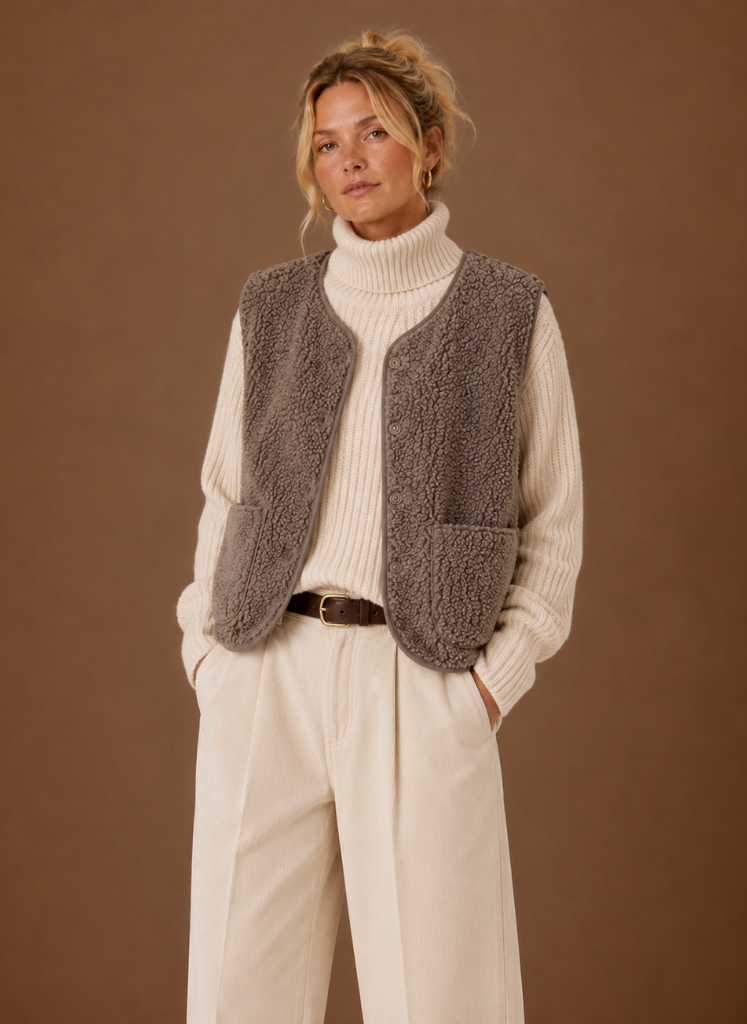 Full-body view of a woman wearing a brown fleece sweater vest layered over a cream turtleneck sweater with white trousers.