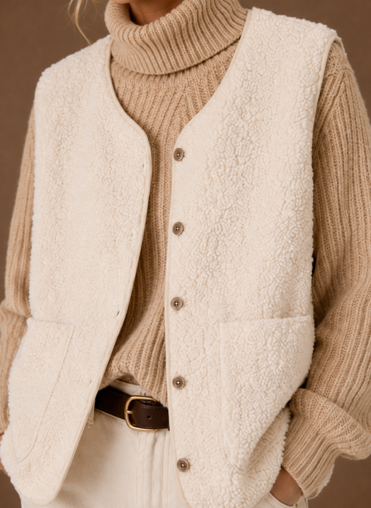Women's white button-front sweater vest featuring a V-neck, sleeveless design, and textured knit layered over a beige turtleneck sweater.