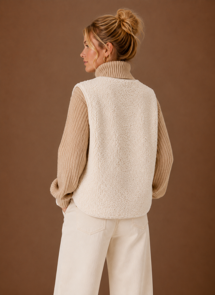 Back view of a women's white sleeveless sweater vest with a clean minimalist design and soft knit fabric.