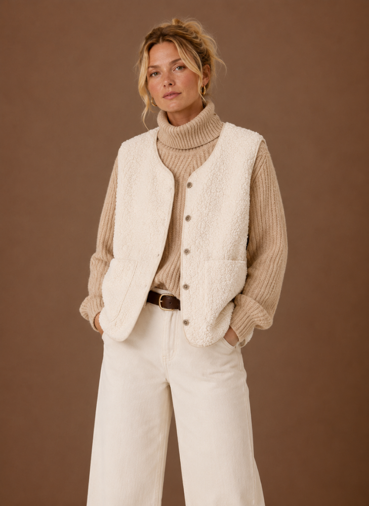 Woman wearing a white button-front sweater vest over a cream turtleneck sweater, paired with white trousers in a minimalist studio setting.