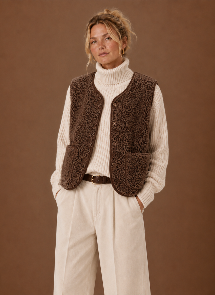 Woman wearing a brown fleece sweater vest with a sleeveless design, front patch pockets, and a cream turtleneck sweater paired with white trousers.