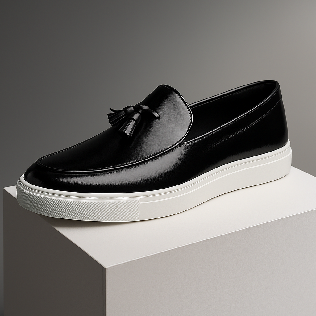 A black leather tassel loafer with a white sole, shown on a white pedestal against a gray gradient background.