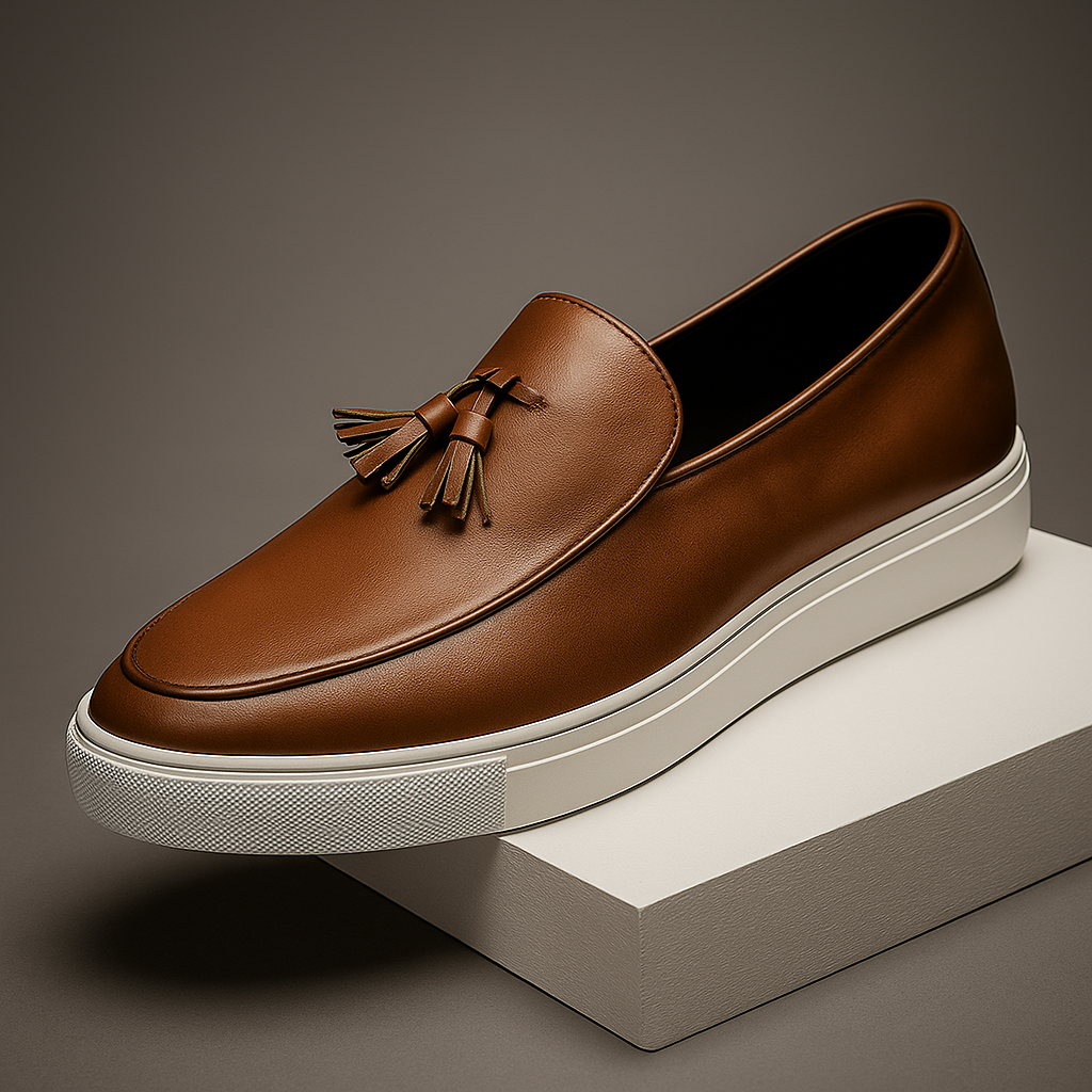 A brown leather tassel loafer with a cream sole, resting on a tan platform block against a warm brown backdrop.