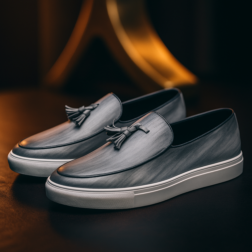 Pair of gray leather tassel loafers with white soles, set against a moody warm-lit background.