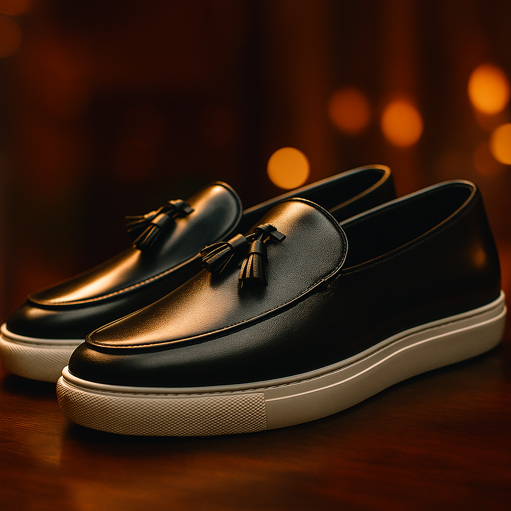 Pair of black leather tassel loafers with white soles, set against a moody warm-lit background with bokeh lights.