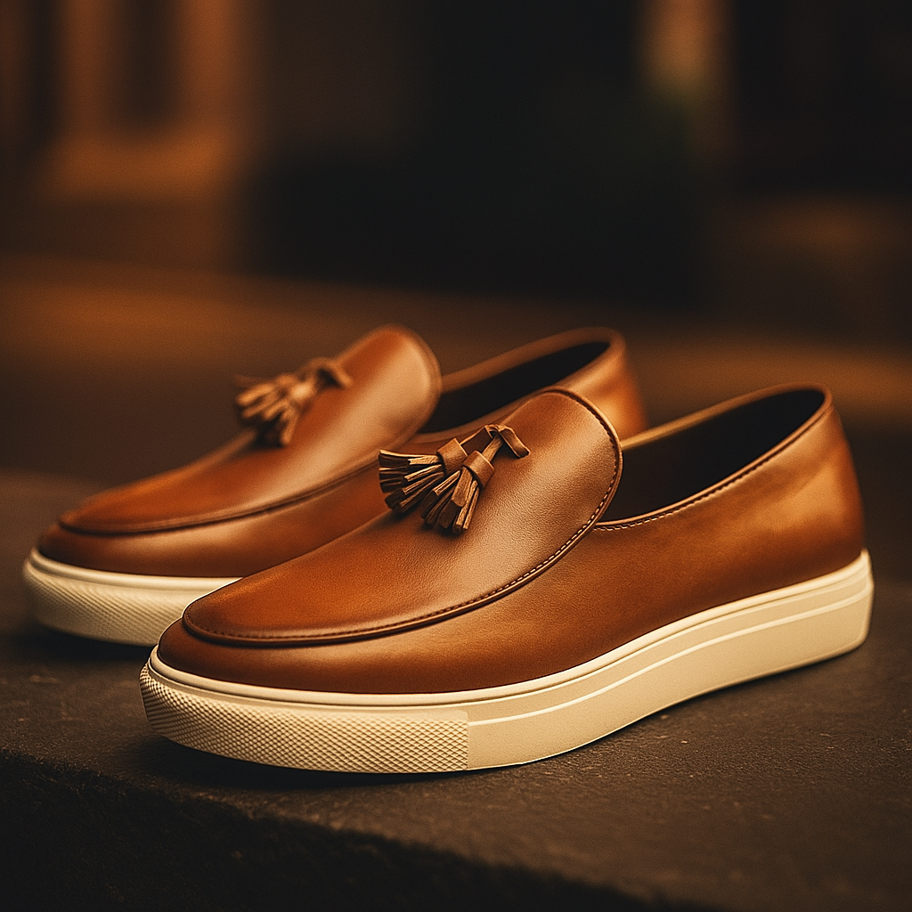 Pair of brown leather tassel loafers with cream soles, set against a moody warm-lit background.