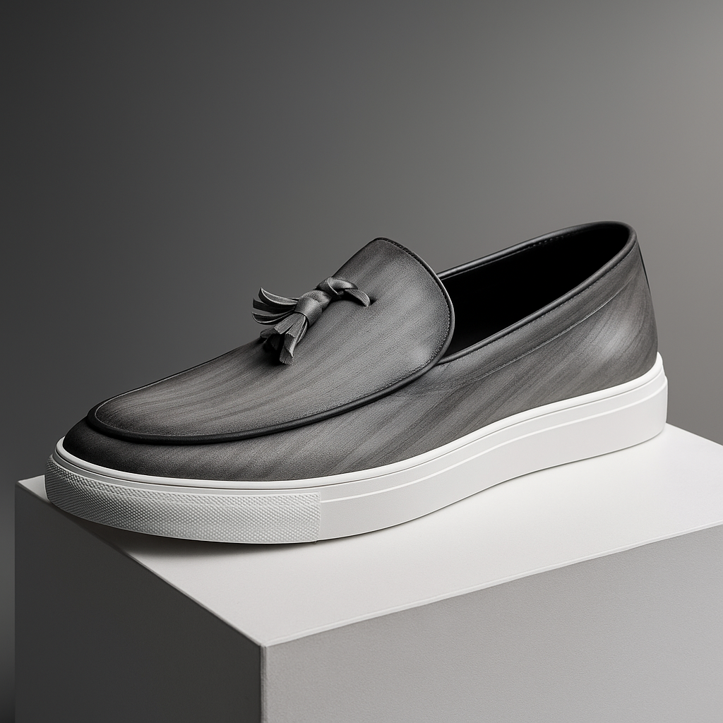 A gray leather tassel loafer with a white sole, shown on a white pedestal against a gray gradient background.