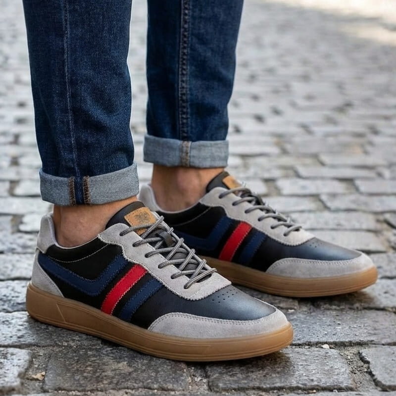 Person wearing black and gray leather retro court sneakers with blue and red stripes and cuffed jeans, both feet visible on a cobblestone street