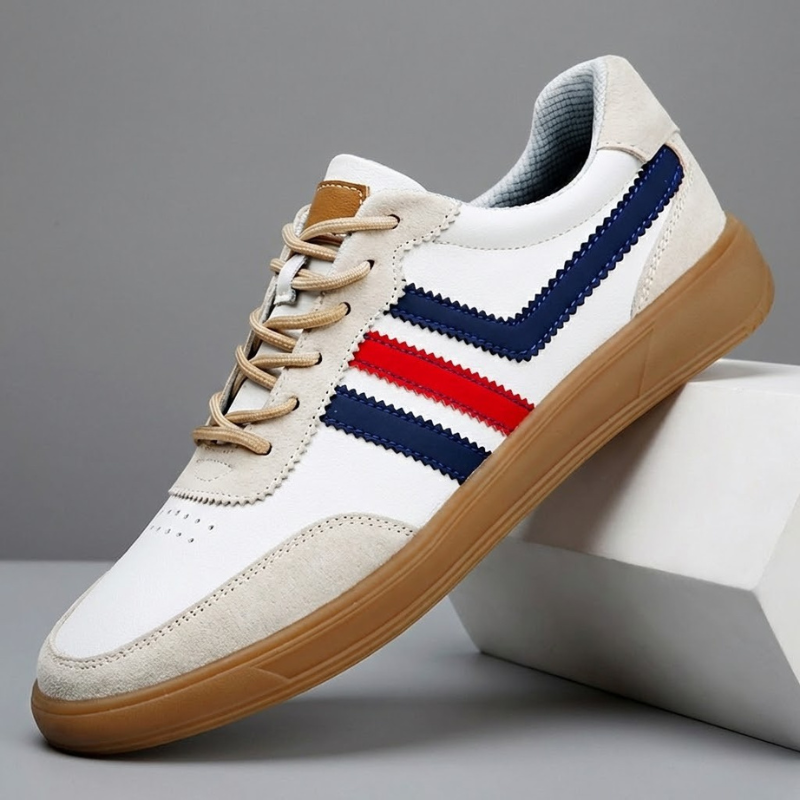 White leather retro court sneaker with navy and red side stripes and gum sole propped diagonally against a white block