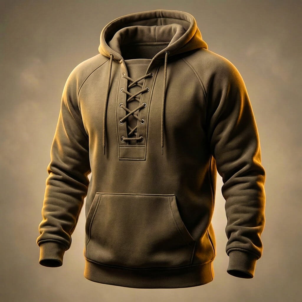 Tan lace-up hooded sweatshirt on ghost mannequin, front view against dark background