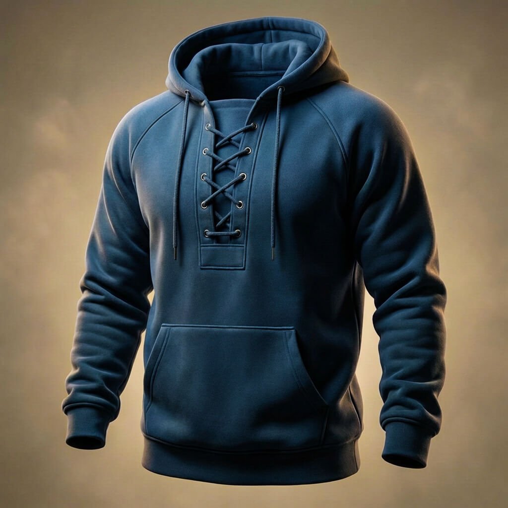 Blue lace-up hooded sweatshirt on ghost mannequin, front view against dark background