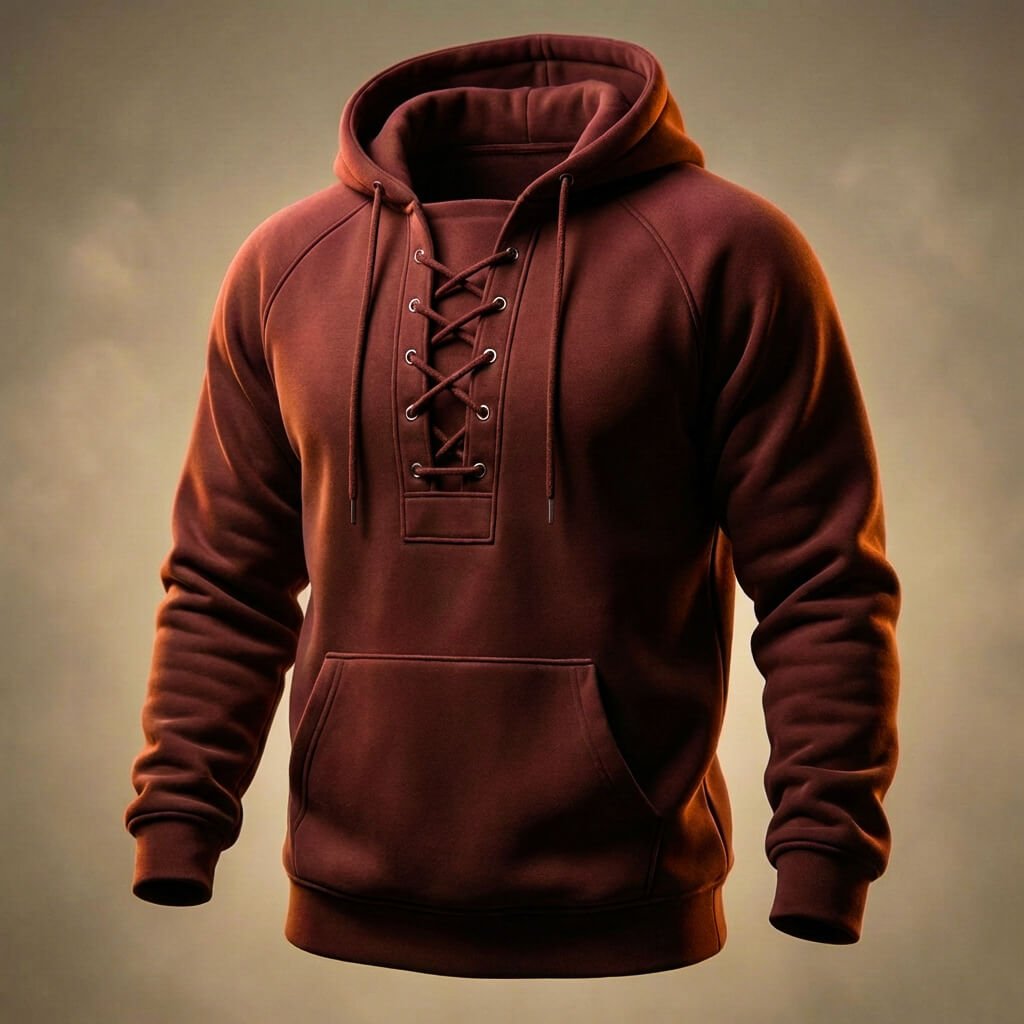 Burgundy lace-up hooded sweatshirt on ghost mannequin, front view against dark background
