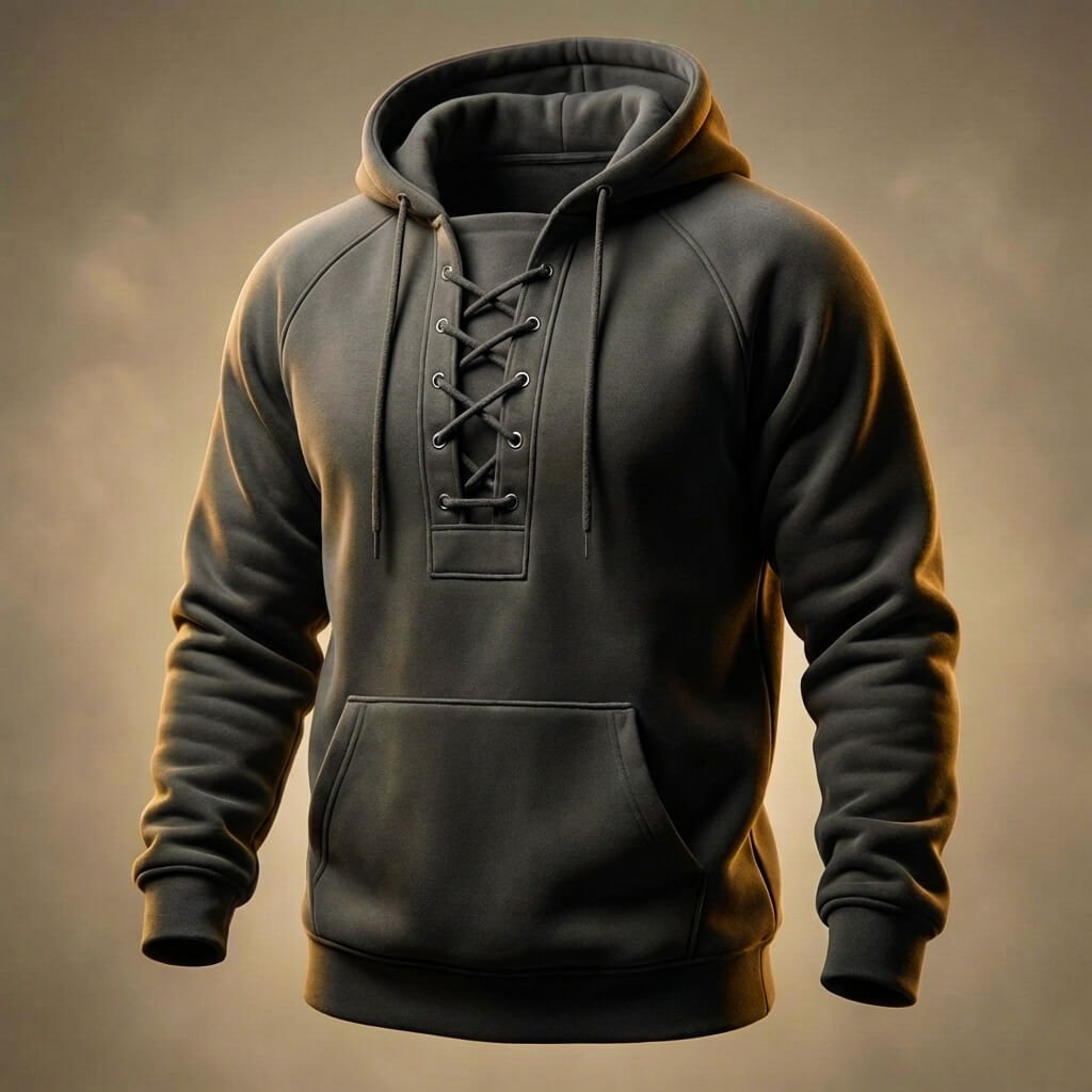 Charcoal lace-up hooded sweatshirt on ghost mannequin, front view against dark background