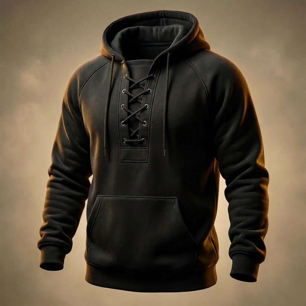 Black lace-up hooded sweatshirt on ghost mannequin, front view against dark background