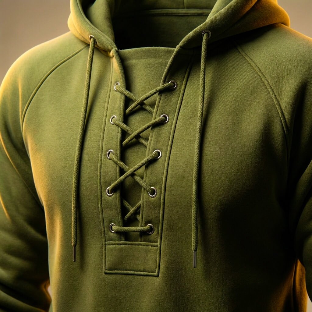 Close-up of olive green lace-up hooded sweatshirt hood and lacing detail
