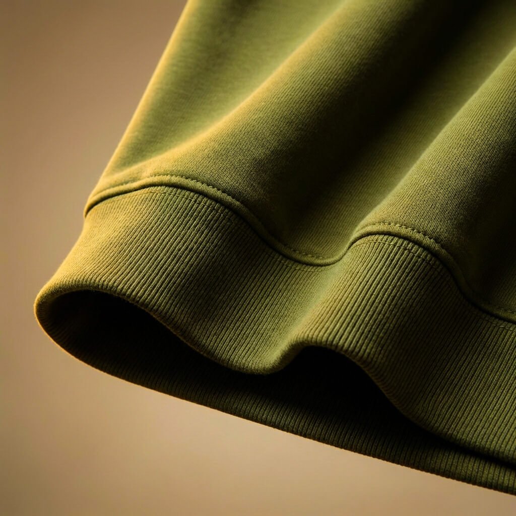 Close-up of olive green fleece sweatshirt cuff and sleeve texture