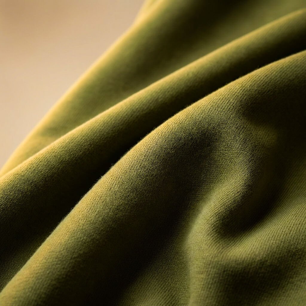 Close-up of olive green fleece sweatshirt fabric texture and draping