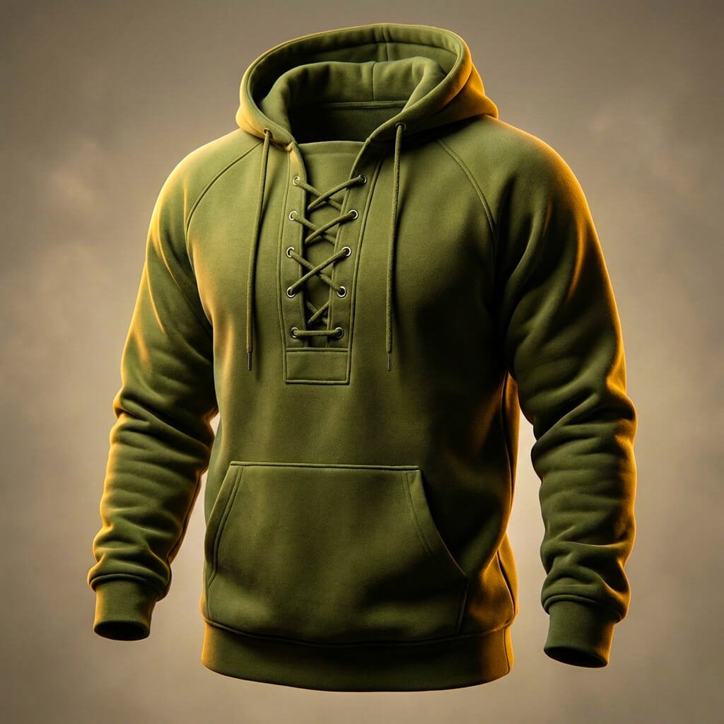 Olive green lace-up hooded sweatshirt on ghost mannequin, front view against dark background