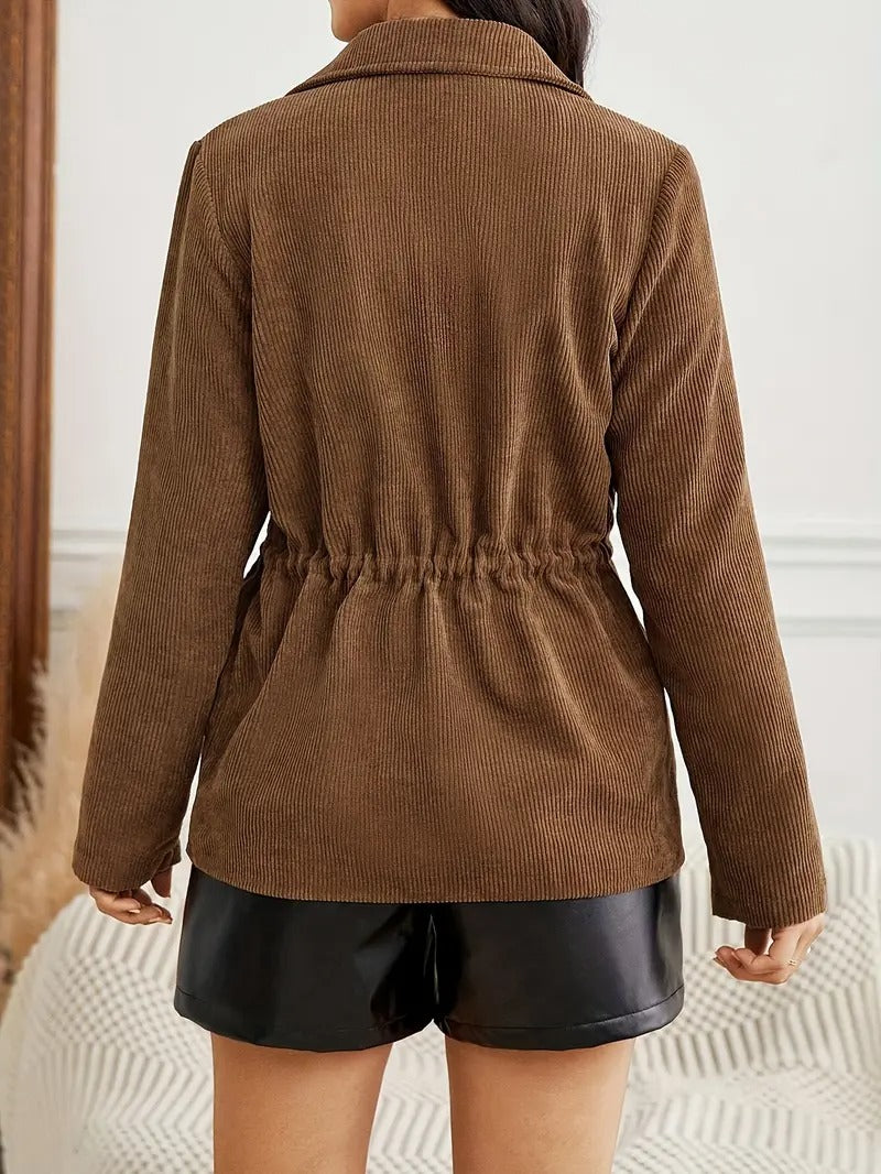 Back view of the brown utility jacket, showing the long sleeves, fitted shape, and gathered drawstring waist.