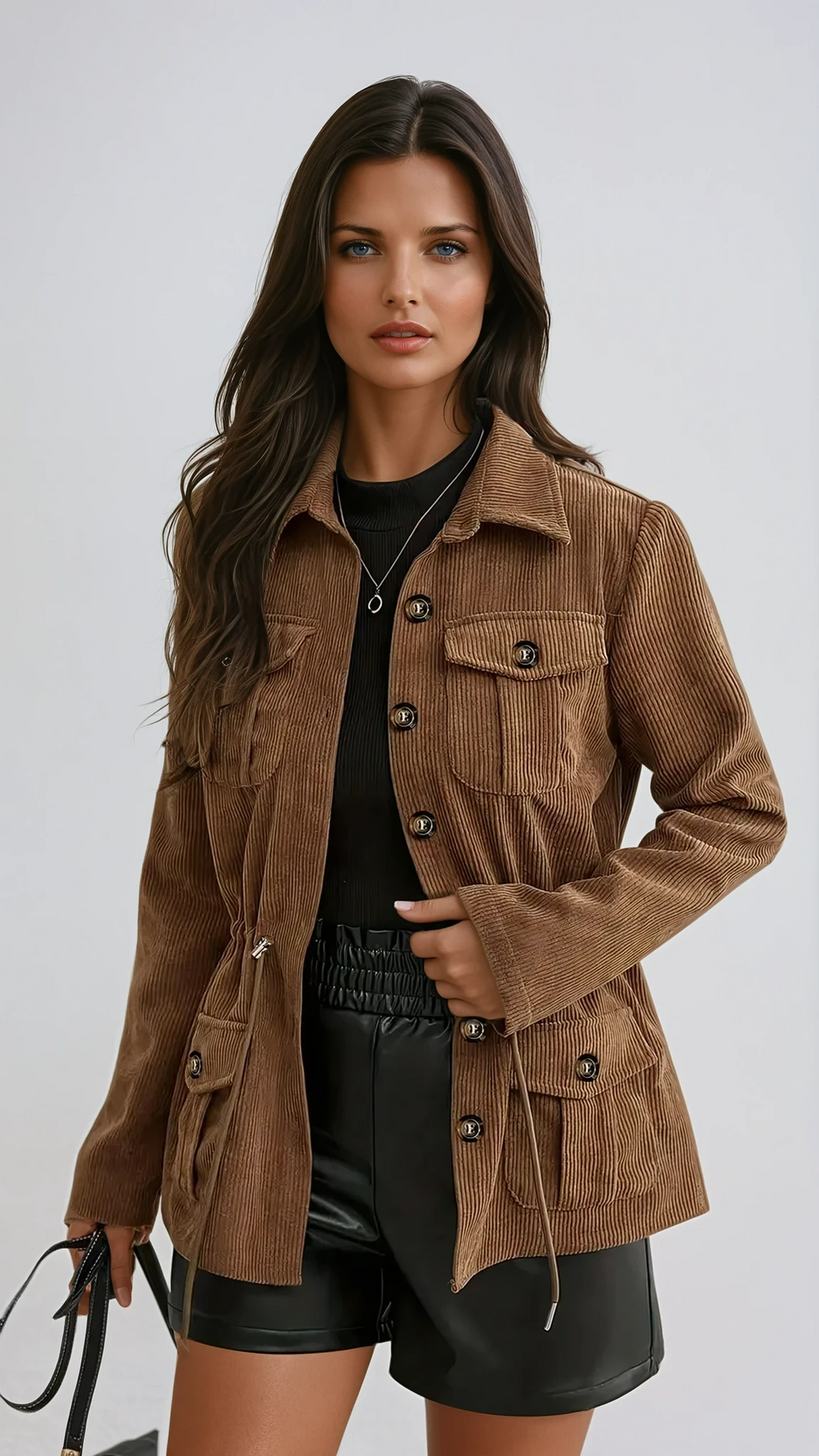 Woman wearing a fitted brown corduroy-style utility jacket with button-front closure, flap chest pockets, and a drawstring waist, styled with a black top and black shorts.