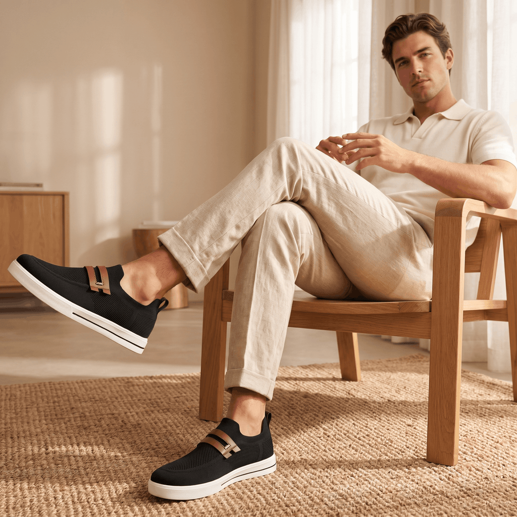 Man in white polo shirt seated with legs crossed, wearing black mesh Orion sneakers, in a sunlit room on a jute rug