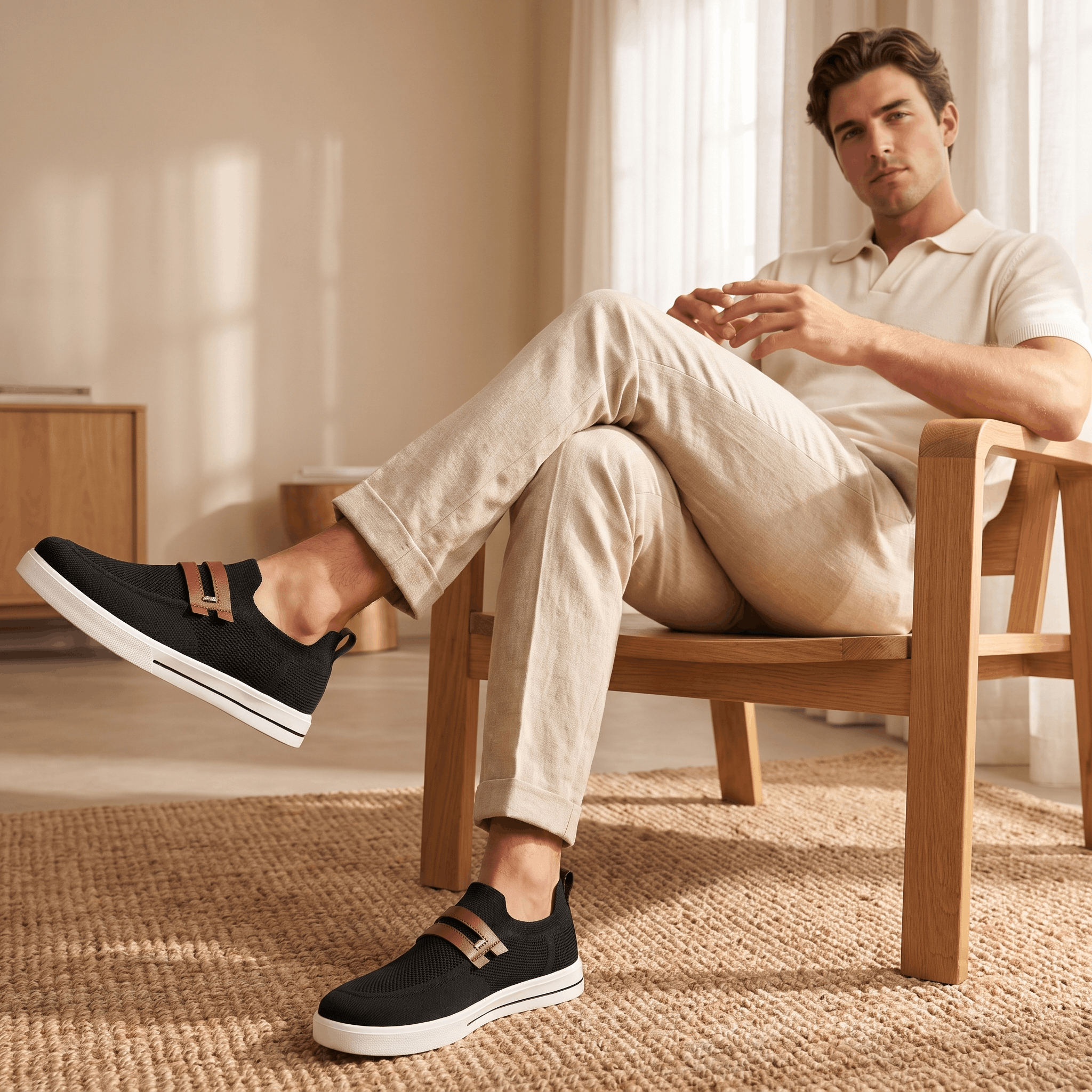 Man in white polo shirt seated with legs crossed, wearing black mesh Orion sneakers, in a sunlit room on a jute rug