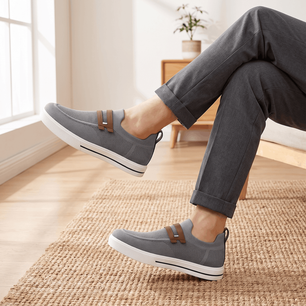 Close-up of legs wearing gray trousers and gray mesh Orion sneakers on a jute rug near a sunlit window