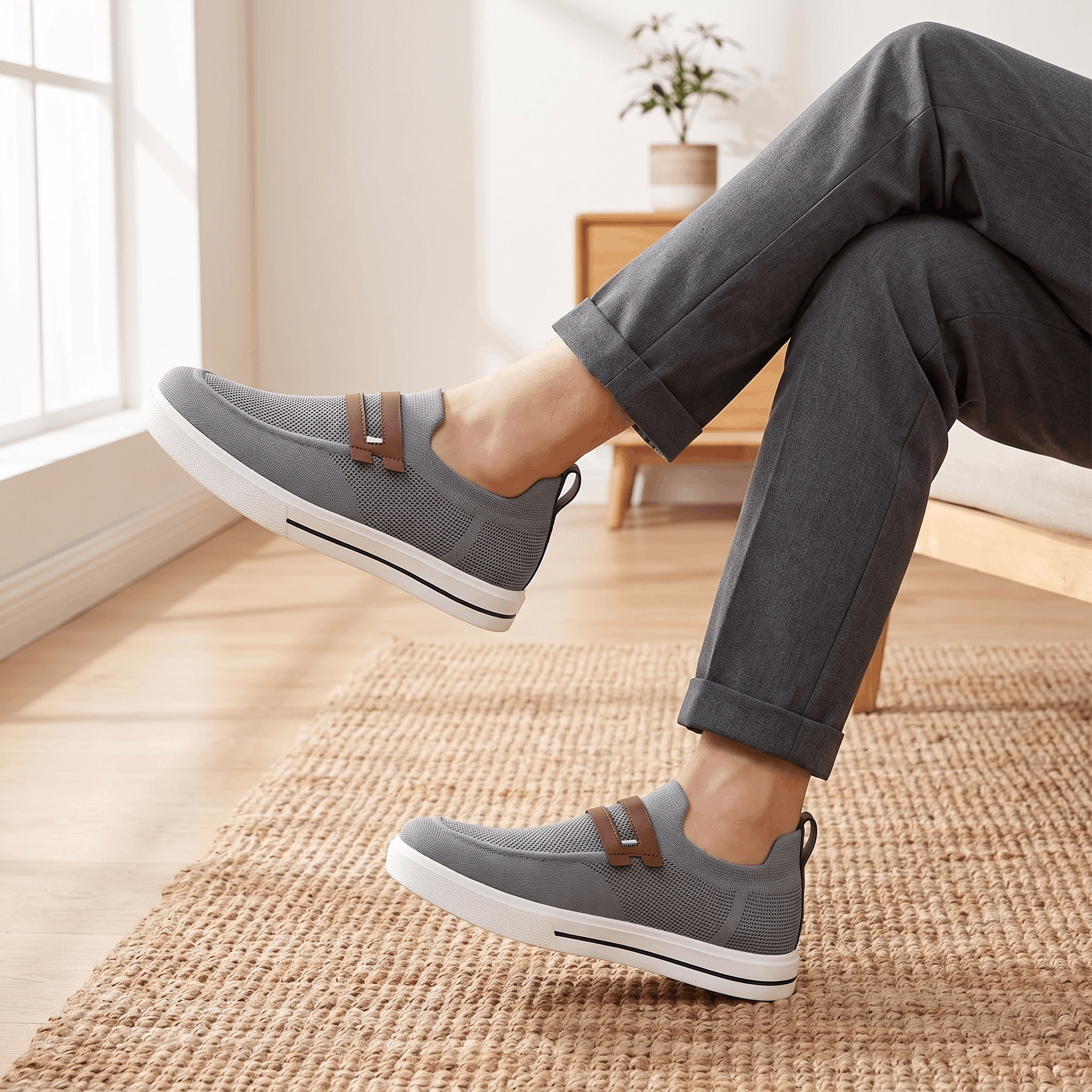 Close-up of legs wearing gray trousers and gray mesh Orion sneakers on a jute rug near a sunlit window