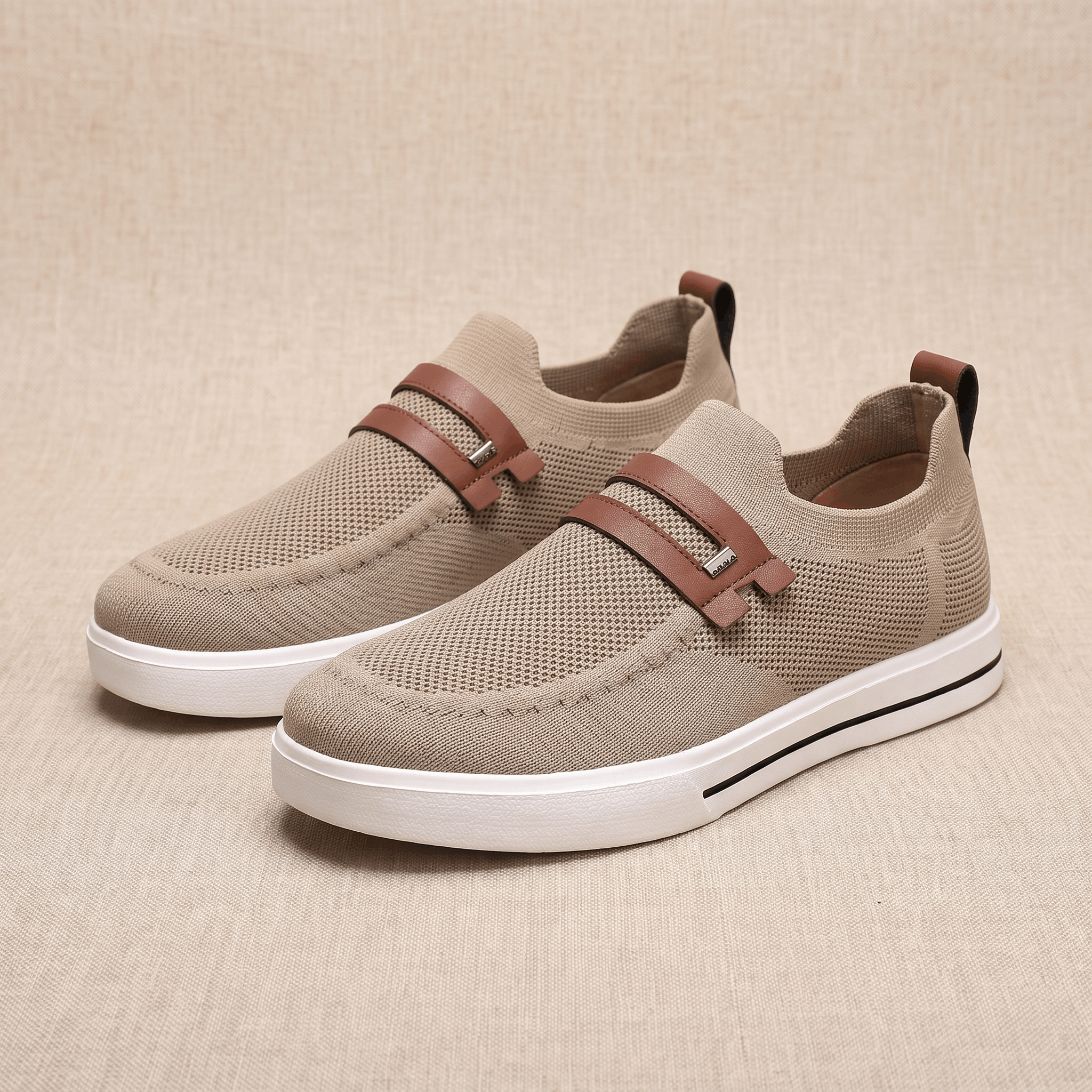 Pair of khaki mesh Orion slip-on sneakers with brown leather straps, resting on a beige fabric backdrop