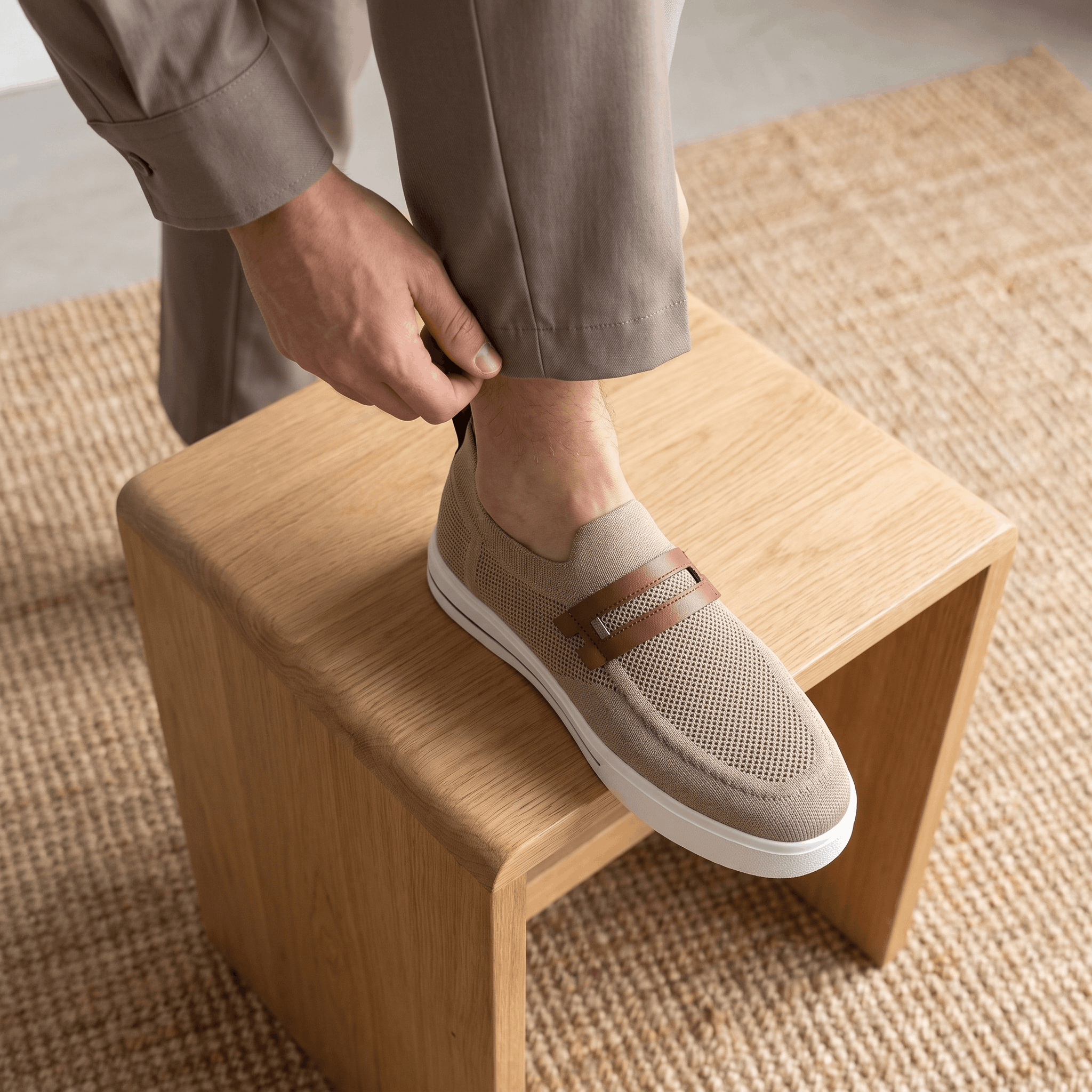 Man adjusting trouser cuff with foot resting on a wooden block wearing khaki mesh Orion sneaker, on a jute rug
