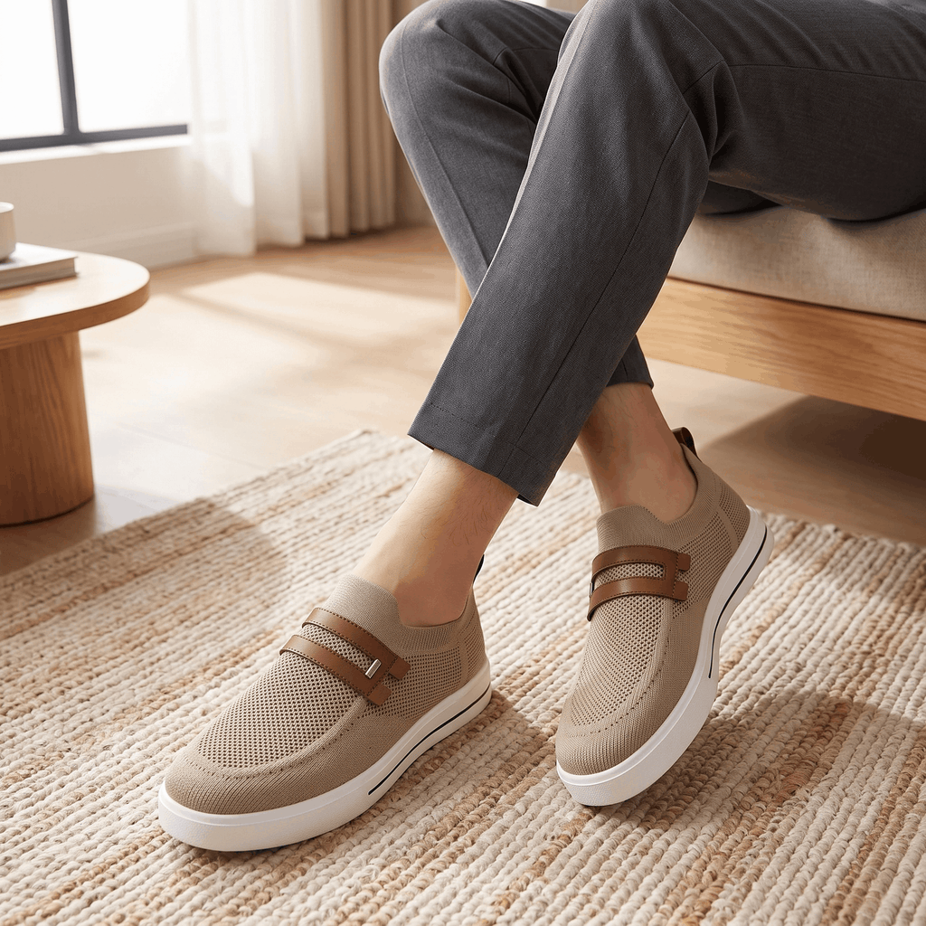 Close-up of crossed ankles wearing gray trousers and khaki mesh Orion sneakers on a woven rug near a wooden table