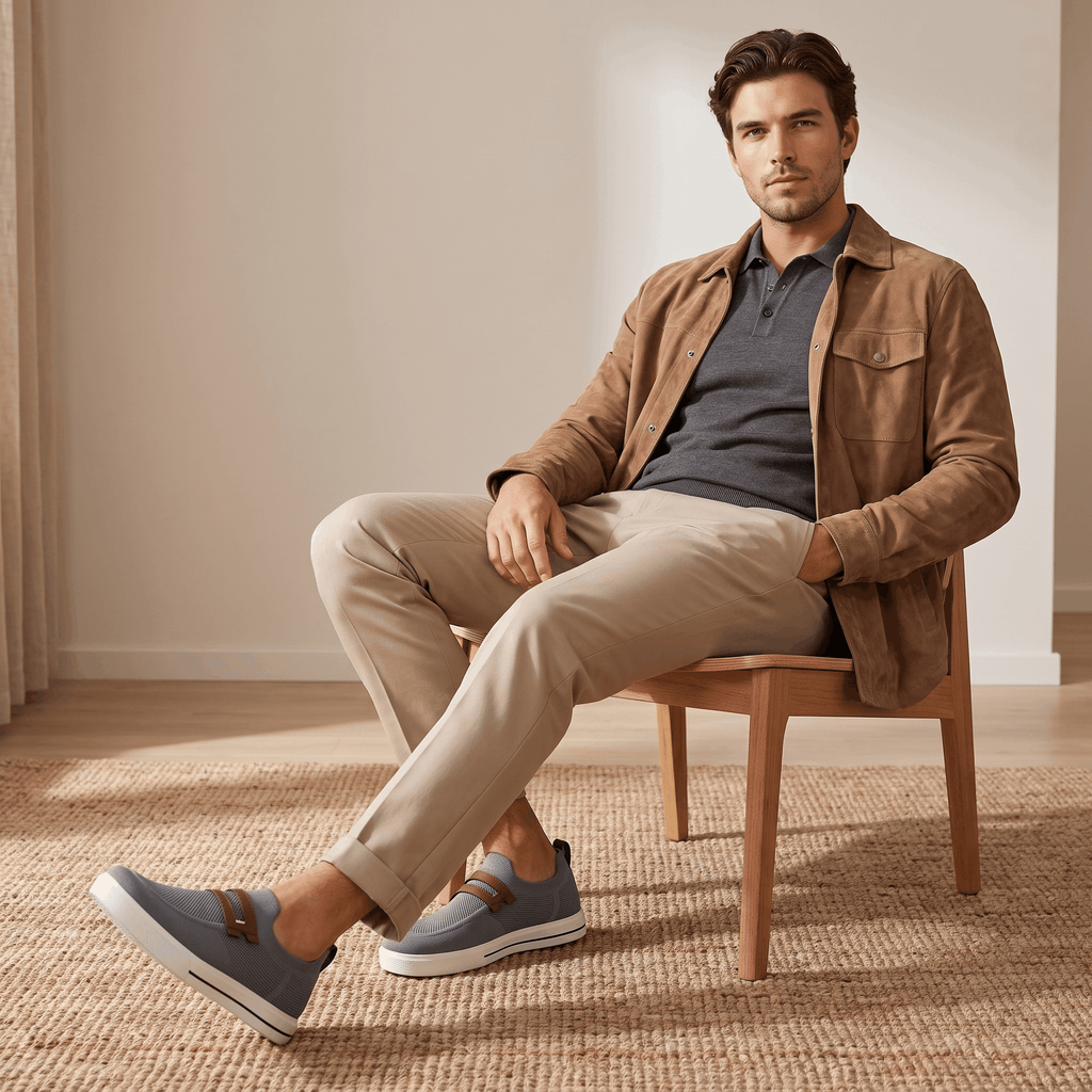 Man in brown jacket seated with legs crossed, wearing gray and khaki mesh Orion sneakers, in a bright room on a jute rug