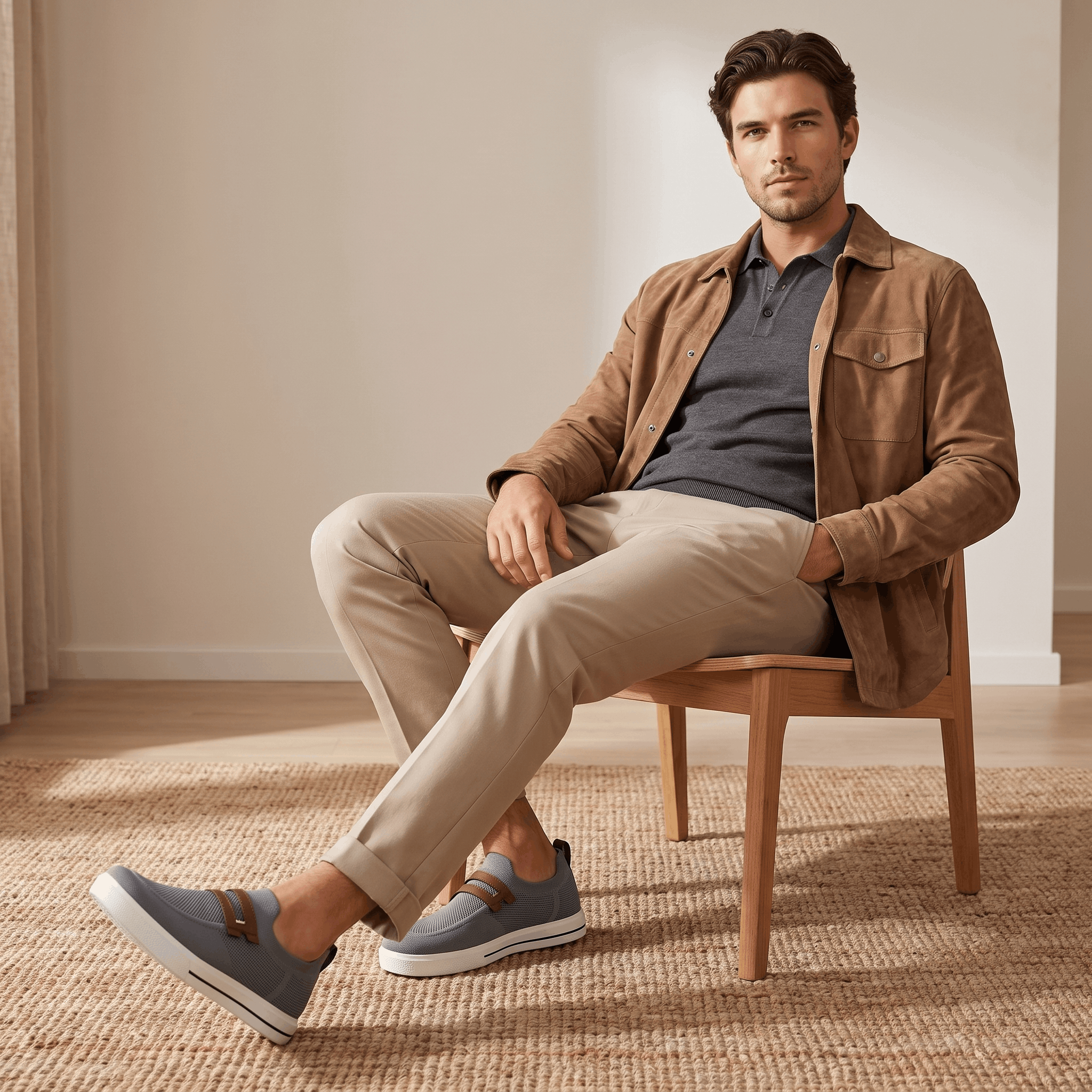 Man in brown jacket seated with legs crossed, wearing gray and khaki mesh Orion sneakers, in a bright room on a jute rug