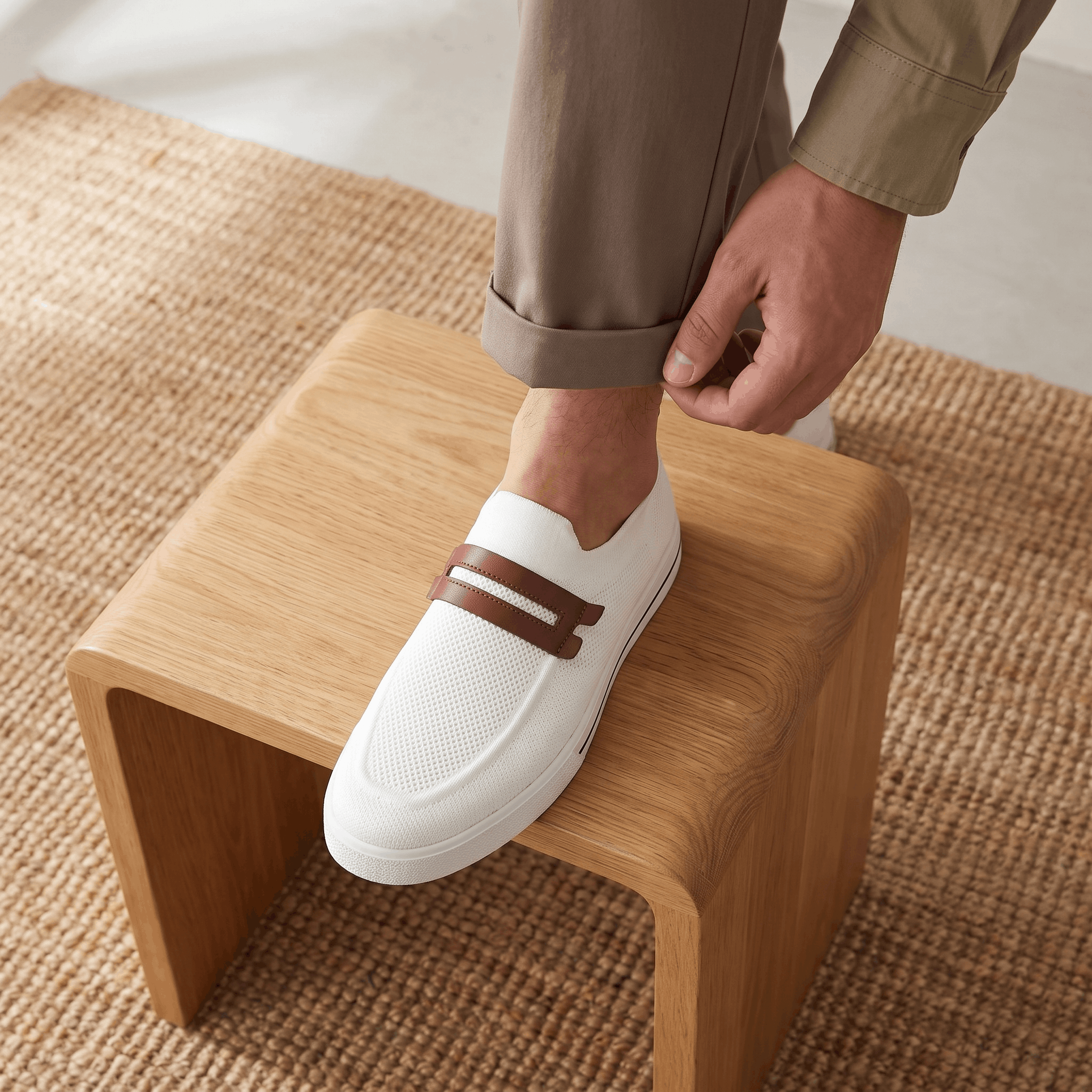 Man adjusting trouser cuff with foot resting on a wooden block, wearing white mesh Orion sneaker over a jute rug
