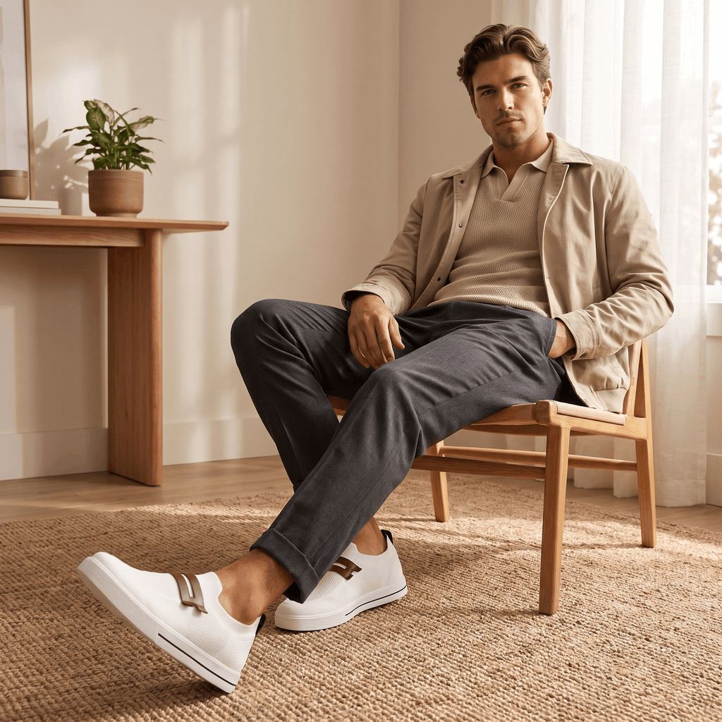 Man in beige jacket seated with legs crossed, wearing white mesh Orion sneakers, in a sunlit room with a plant on a jute rug