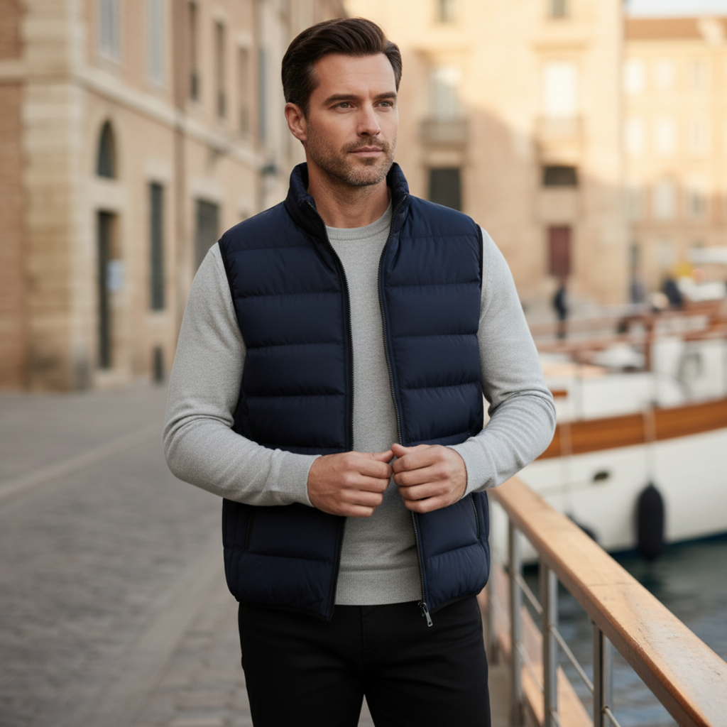 Orson Quilted Puffer Vest – Gingham-Lined Stand-Collar Layering Gilet