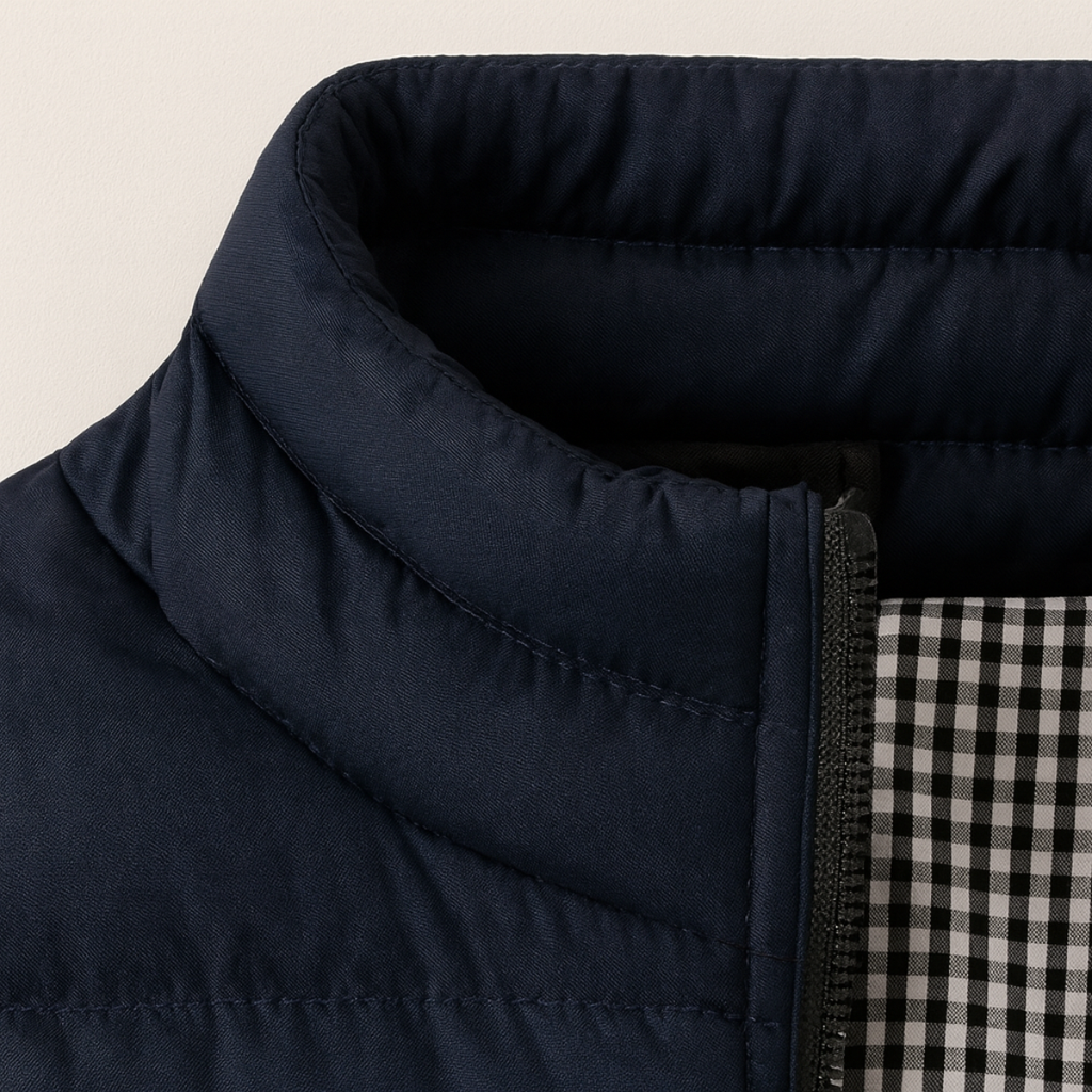 Orson Quilted Puffer Vest – Gingham-Lined Stand-Collar Layering Gilet