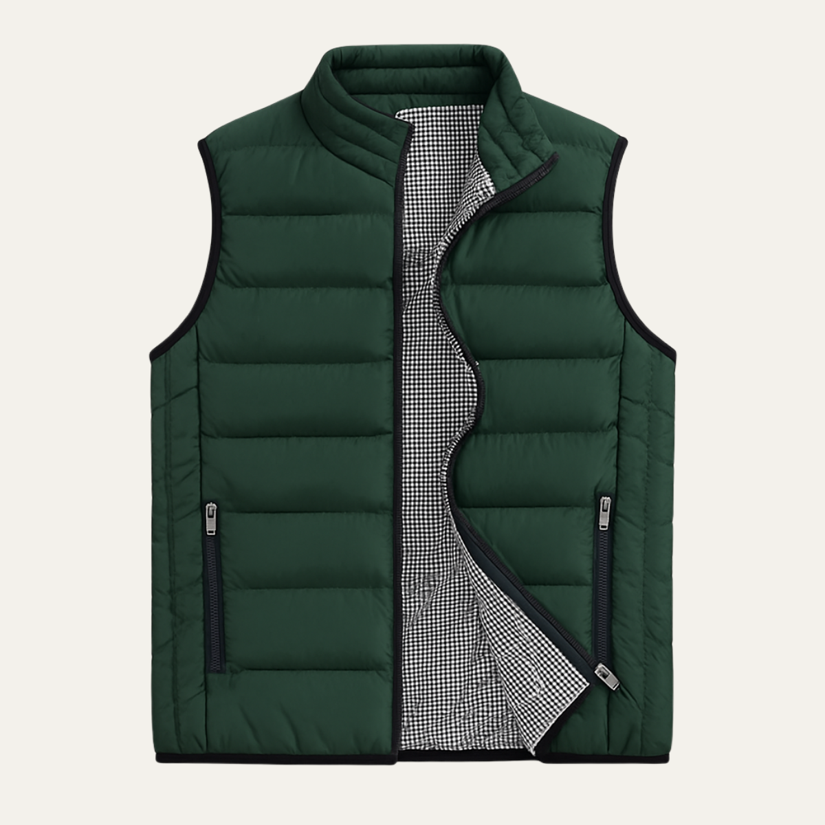 Orson Quilted Puffer Vest – Gingham-Lined Stand-Collar Layering Gilet