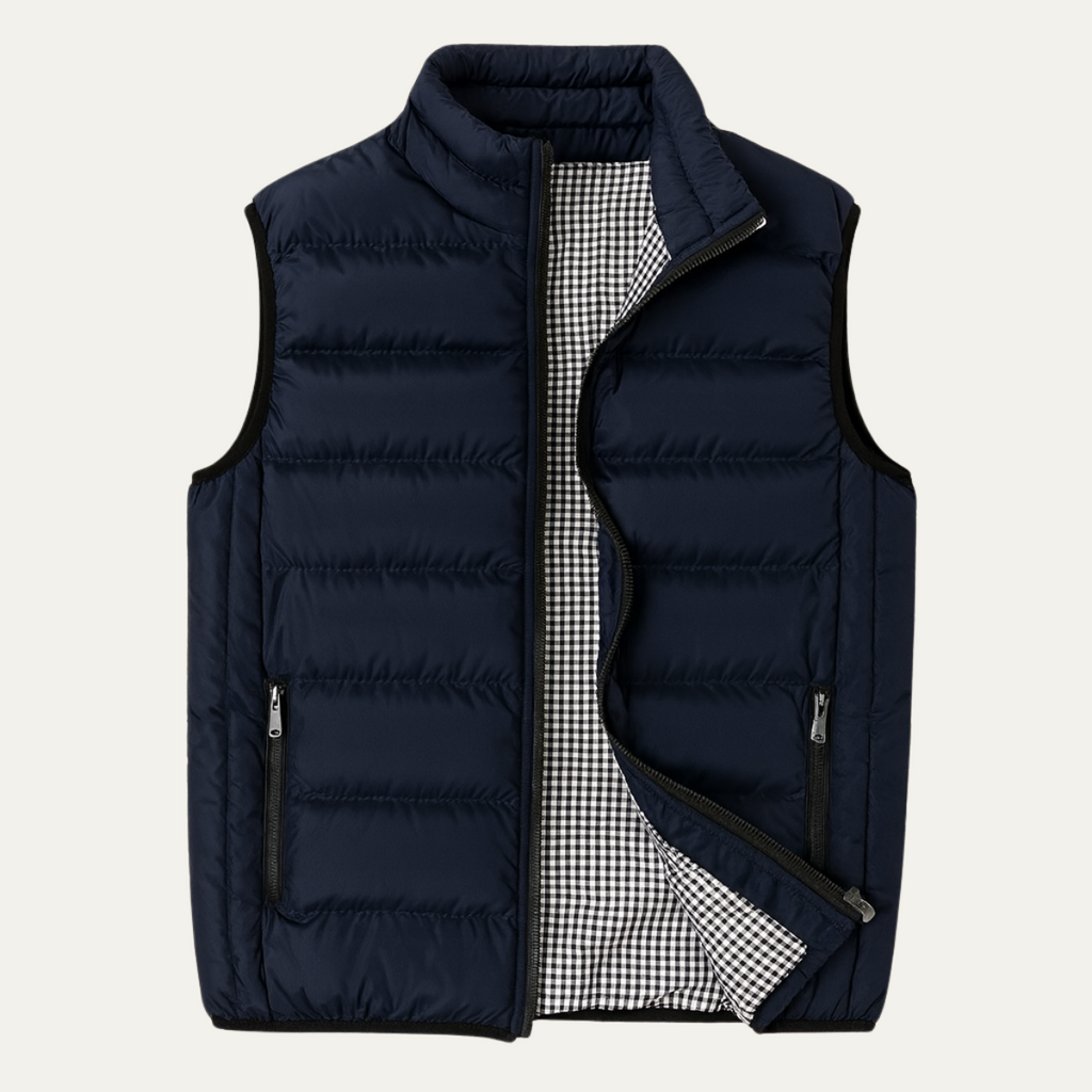 Orson Quilted Puffer Vest – Gingham-Lined Stand-Collar Layering Gilet