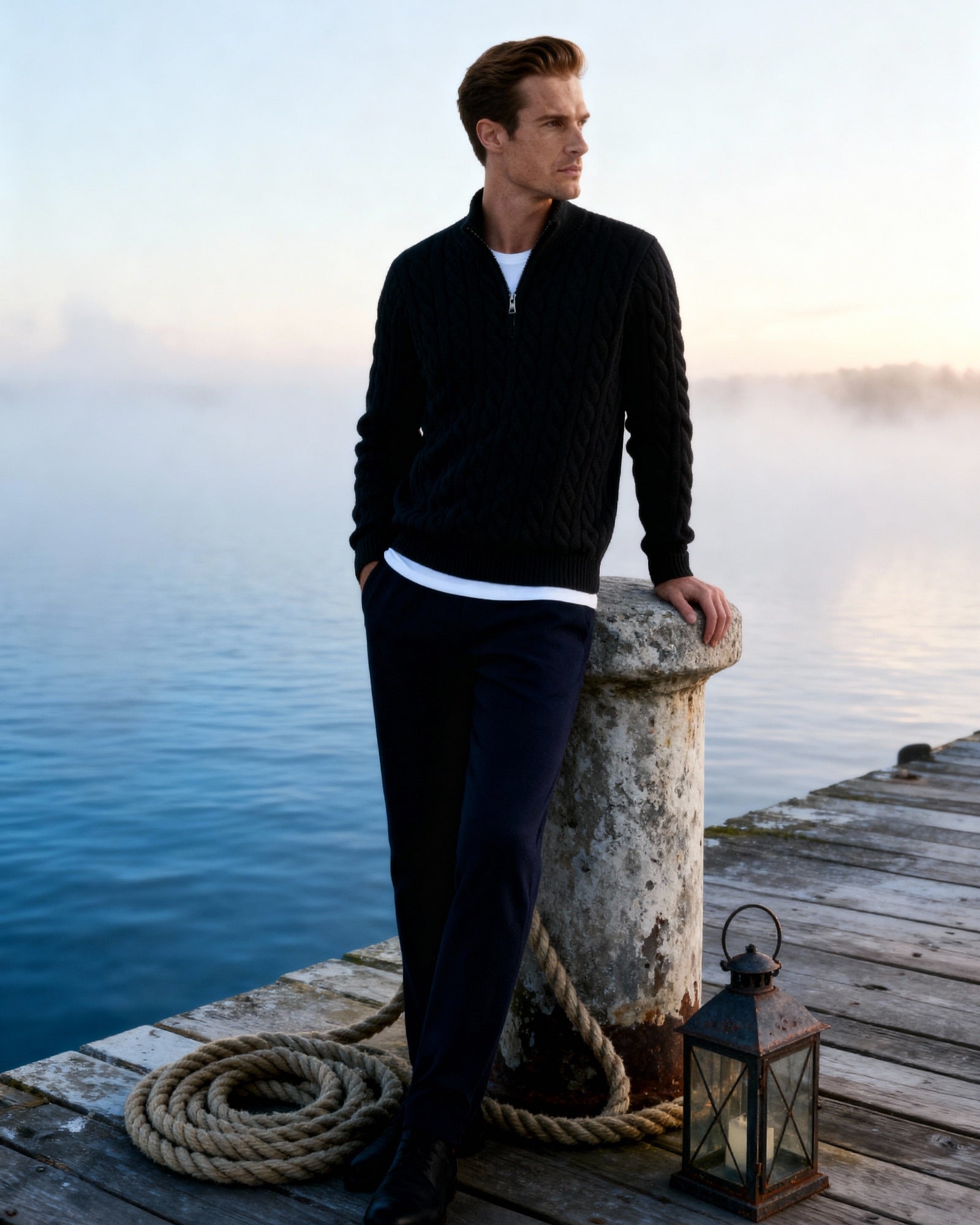 Black cable knit quarter-zip sweater with a stand collar and ribbed cuffs, worn on a dock overlooking the water